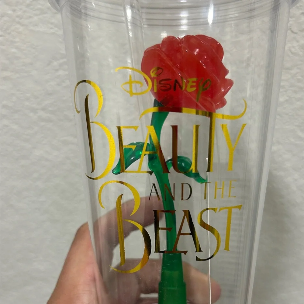 Disney Beauty and the Beast Cup with Red Rose and Green Stem